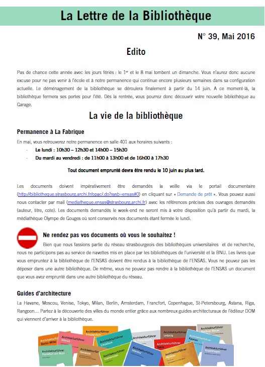 Lettre de la bibliothèque n° 39 - mai 2016